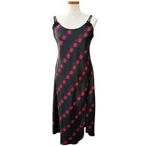 Vintage 90s Rose Print Black Satin Slip Dress M Private Luxuries Sexy Grunge